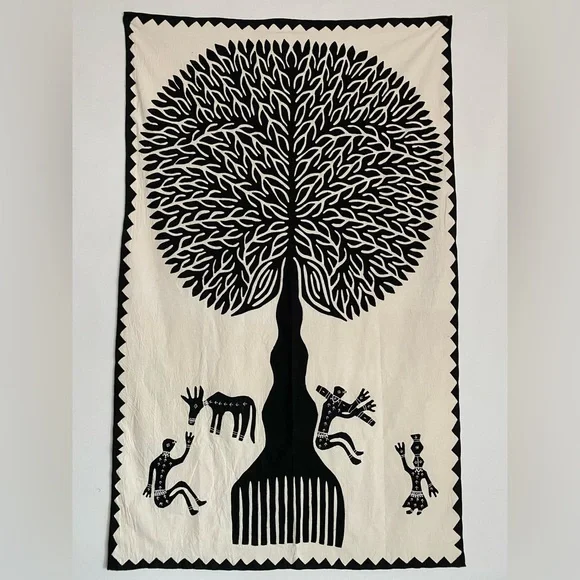 Tree of Life Appliqué Wall Hanging - Black / Ecru Large Textile Embroidered Art - Picture 3 of 8